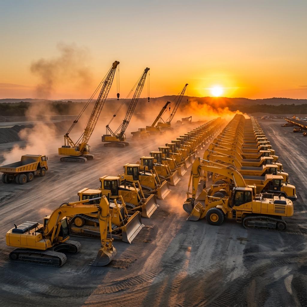 Heavy construction equipment at sunrise